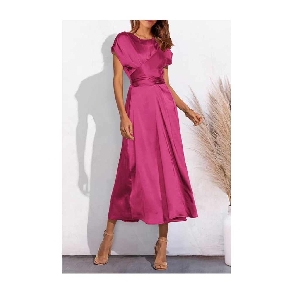 PrettyGarden Women's  Satin Midi Dress Cap Sleeve Tie Waist Elegant A-Line Flowy - Picture 3 of 11